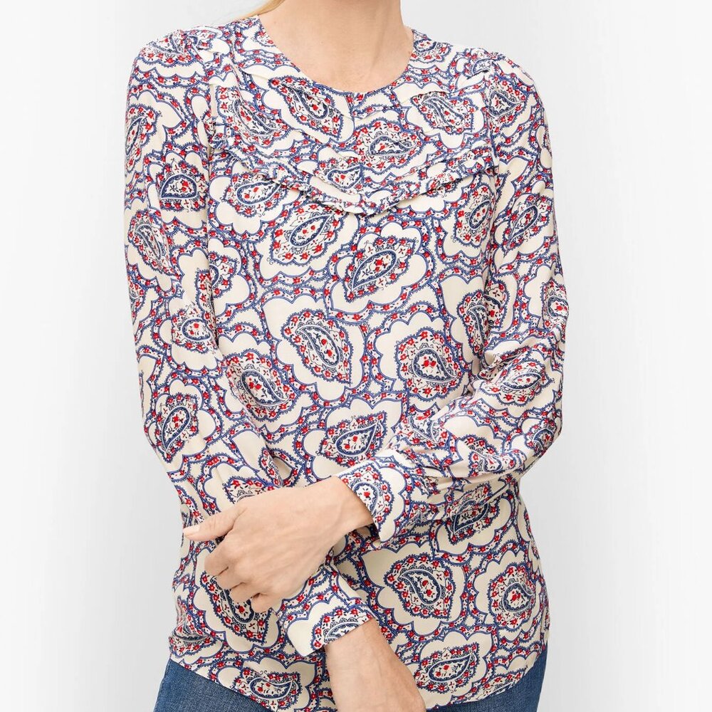 TALBOTS Pintuck Yoke Blouse 1X Paisley White Red Navy Blue Long Sleeve - Picture 1 of 13